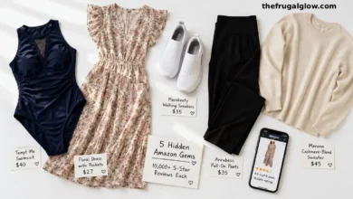 Five clothing items arranged on a white background: a ruched Tempt Me swimsuit, a flowery summer dress with pockets, white slip-on sneakers, black pull-on work pants, and a soft cream cashmere-blend sweater. Each has a tag showing the price under $50.