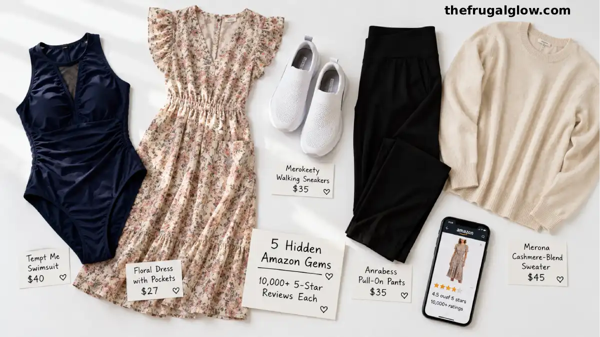 Five clothing items arranged on a white background: a ruched Tempt Me swimsuit, a flowery summer dress with pockets, white slip-on sneakers, black pull-on work pants, and a soft cream cashmere-blend sweater. Each has a tag showing the price under $50.
