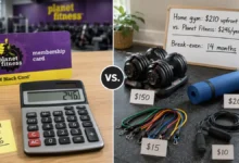 A split image comparing a Planet Fitness membership card ($246/year) on the left and a basic home gym setup (adjustable dumbbells, yoga mat, resistance bands) on the right. A calculator shows the cost comparison.