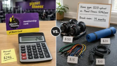 A split image comparing a Planet Fitness membership card ($246/year) on the left and a basic home gym setup (adjustable dumbbells, yoga mat, resistance bands) on the right. A calculator shows the cost comparison.