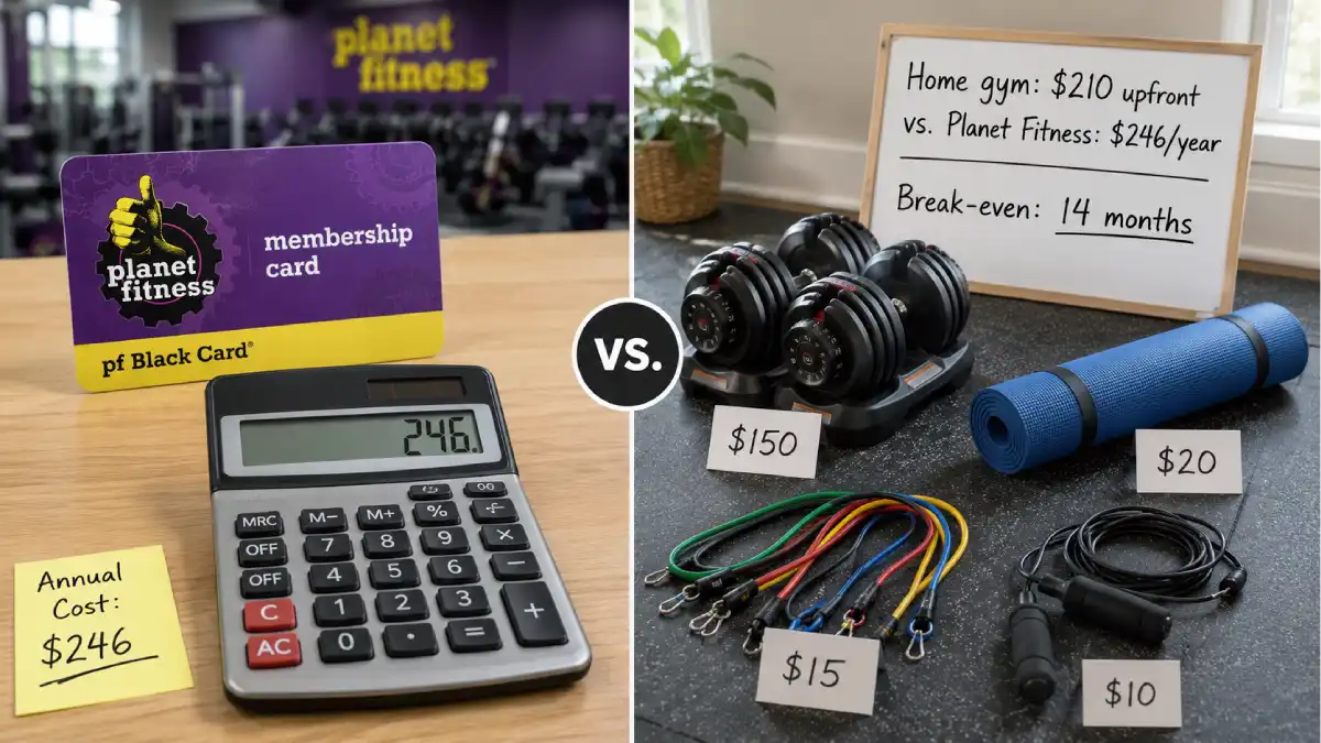 A split image comparing a Planet Fitness membership card ($246/year) on the left and a basic home gym setup (adjustable dumbbells, yoga mat, resistance bands) on the right. A calculator shows the cost comparison.