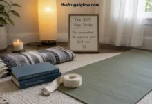 A calm, peaceful bedroom corner with a yoga mat, two books as blocks, a belt as a strap, a dim lamp, and a candle. A small sign says "Home Yoga Studio – Under $25."