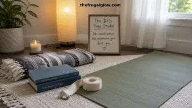 A calm, peaceful bedroom corner with a yoga mat, two books as blocks, a belt as a strap, a dim lamp, and a candle. A small sign says "Home Yoga Studio – Under $25."