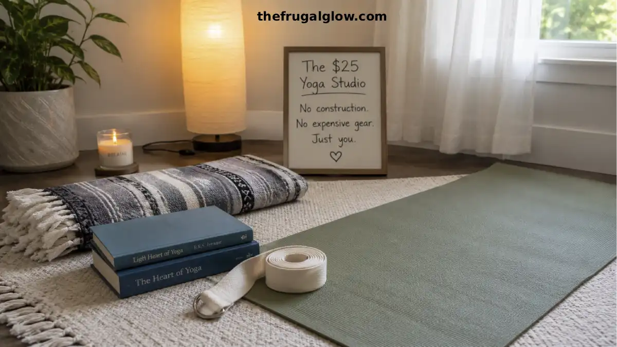 A calm, peaceful bedroom corner with a yoga mat, two books as blocks, a belt as a strap, a dim lamp, and a candle. A small sign says "Home Yoga Studio – Under $25."