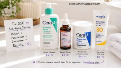 Four drugstore skincare products arranged on a white surface: a gentle cleanser, a retinol serum, a moisturizer, and a sunscreen. A small sign says "Under $50 – The Anti-Aging Trinity."