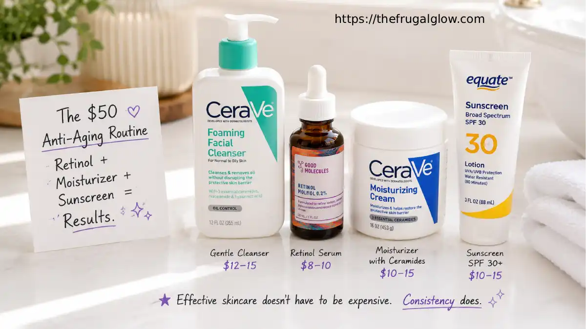 Four drugstore skincare products arranged on a white surface: a gentle cleanser, a retinol serum, a moisturizer, and a sunscreen. A small sign says "Under $50 – The Anti-Aging Trinity."