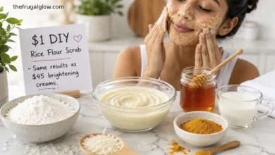 A bowl of rice flour, a jar of honey, a cup of milk, and a small bowl of the finished scrub. A woman is applying the scrub to her face. A sign says "$1 vs $45 – Same brightening results."