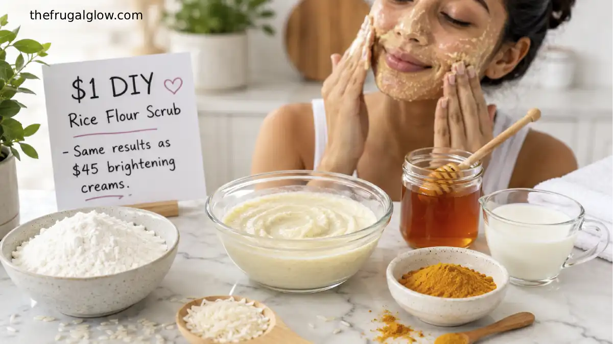 A bowl of rice flour, a jar of honey, a cup of milk, and a small bowl of the finished scrub. A woman is applying the scrub to her face. A sign says "$1 vs $45 – Same brightening results."