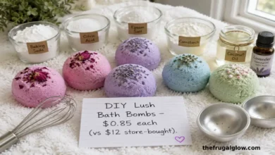 A collection of homemade bath bombs in pink, purple, and blue on a white towel. Next to them are the ingredients: baking soda, citric acid, Epsom salt, coconut oil, and lavender essential oil. A small sign reads "Under $1 each"