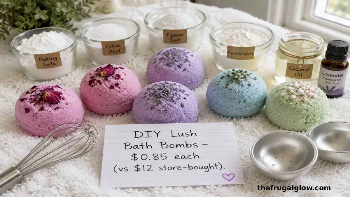 A collection of homemade bath bombs in pink, purple, and blue on a white towel. Next to them are the ingredients: baking soda, citric acid, Epsom salt, coconut oil, and lavender essential oil. A small sign reads "Under $1 each"