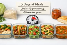 Five glass meal prep containers filled with different meals: a grain bowl, tacos, a big salad, pasta, and soup. A timer shows 60 minutes. A price tag says "Under $3 per serving."