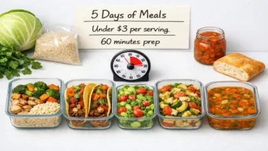 Five glass meal prep containers filled with different meals: a grain bowl, tacos, a big salad, pasta, and soup. A timer shows 60 minutes. A price tag says "Under $3 per serving."