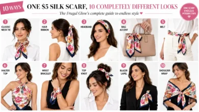 "A woman demonstrating ten different ways to style a colorful silk scarf as a hair accessory neck tie bag accent belt and top on a white background