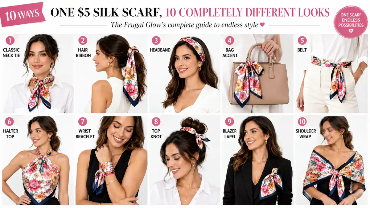 "A woman demonstrating ten different ways to style a colorful silk scarf as a hair accessory neck tie bag accent belt and top on a white background