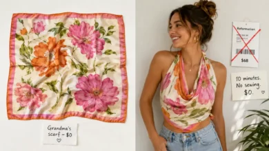 A step-by-step collage showing a vintage silk scarf being folded and tied into a halter top. The finished top is worn by a smiling woman. A Reformation price tag ($68) is crossed out next to a handwritten $0.