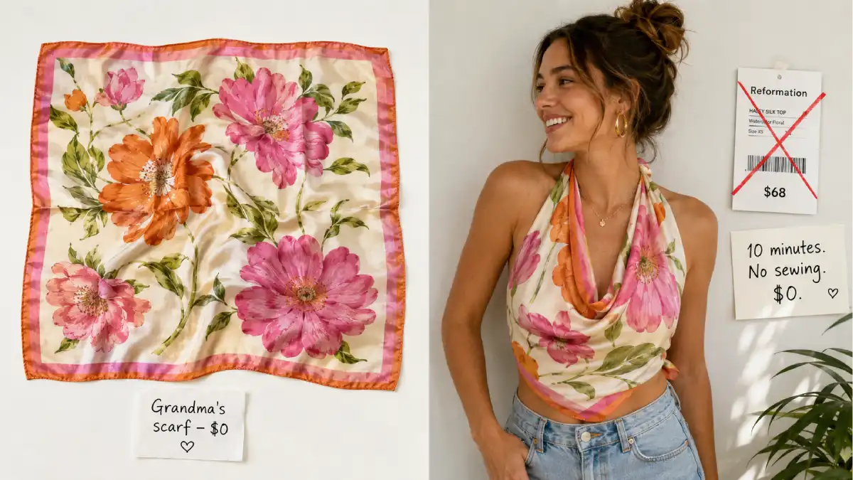 A step-by-step collage showing a vintage silk scarf being folded and tied into a halter top. The finished top is worn by a smiling woman. A Reformation price tag ($68) is crossed out next to a handwritten $0.