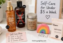 A flat-lay of Lush-inspired self-care items: a $2 body spray, a DIY face cleanser jar, a homemade bath bomb, a 69p bath bar, and a self-care menu card. A small sign says "Under $5 a week."
