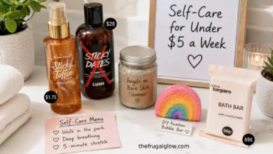 A flat-lay of Lush-inspired self-care items: a $2 body spray, a DIY face cleanser jar, a homemade bath bomb, a 69p bath bar, and a self-care menu card. A small sign says "Under $5 a week."