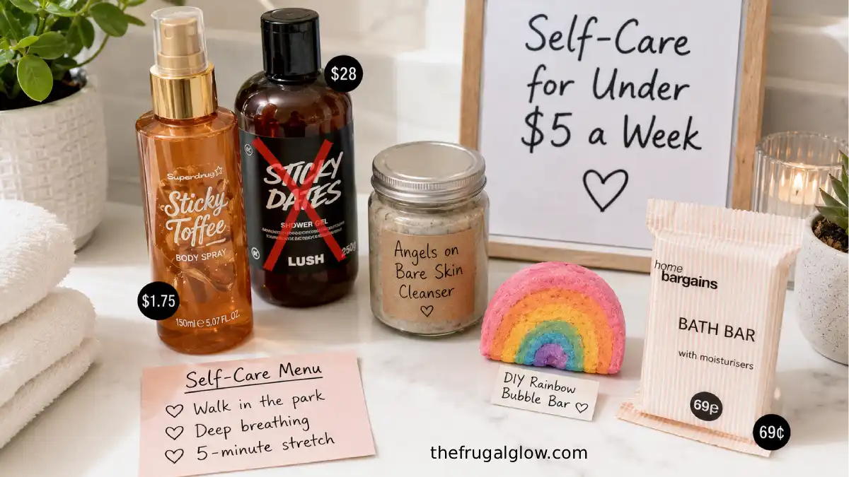 A flat-lay of Lush-inspired self-care items: a $2 body spray, a DIY face cleanser jar, a homemade bath bomb, a 69p bath bar, and a self-care menu card. A small sign says "Under $5 a week."