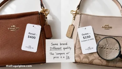 A split image: a retail Coach bag with thick leather and solid hardware on the left, an outlet Coach bag with thin leather and light hardware on the right. A price tag shows "$400 compare at $150."