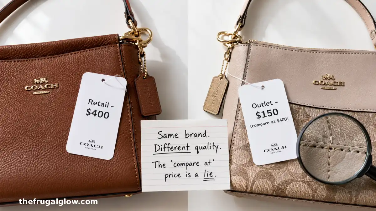 A split image: a retail Coach bag with thick leather and solid hardware on the left, an outlet Coach bag with thin leather and light hardware on the right. A price tag shows "$400 compare at $150."