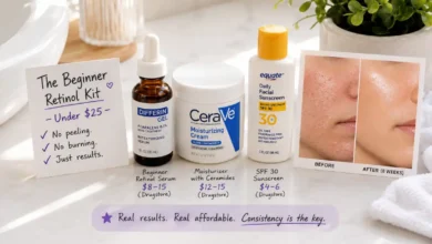 A beginner-friendly drugstore retinol setup: The INKEY List Starter Retinol serum, CeraVe moisturizer, and a sunscreen. A small sign says "$8 vs $50 – Same results." Before and after skin photos show smoother, brighter skin.