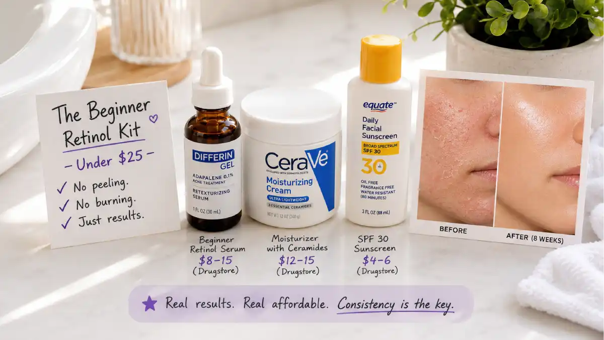 A beginner-friendly drugstore retinol setup: The INKEY List Starter Retinol serum, CeraVe moisturizer, and a sunscreen. A small sign says "$8 vs $50 – Same results." Before and after skin photos show smoother, brighter skin.