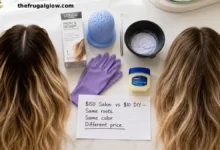 A split image showing grown-out roots on the left and freshly touched-up roots on the right. A L'Oreal Frost & Design highlighting kit, a highlighting cap, a metal hook, and a bowl of bleach are in the center.