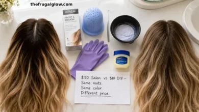 A split image showing grown-out roots on the left and freshly touched-up roots on the right. A L'Oreal Frost & Design highlighting kit, a highlighting cap, a metal hook, and a bowl of bleach are in the center.