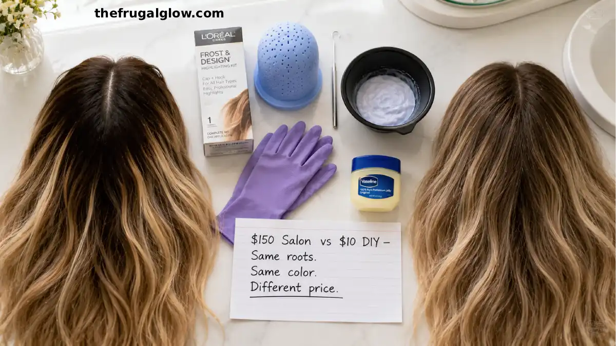 A split image showing grown-out roots on the left and freshly touched-up roots on the right. A L'Oreal Frost & Design highlighting kit, a highlighting cap, a metal hook, and a bowl of bleach are in the center.