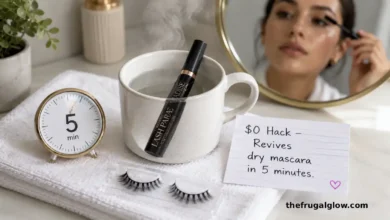A mascara tube in a mug of hot water, steam rising. Next to the mug, the same mascara applied to lashes – smooth, black, and clump-free. A small clock shows 5 minutes.