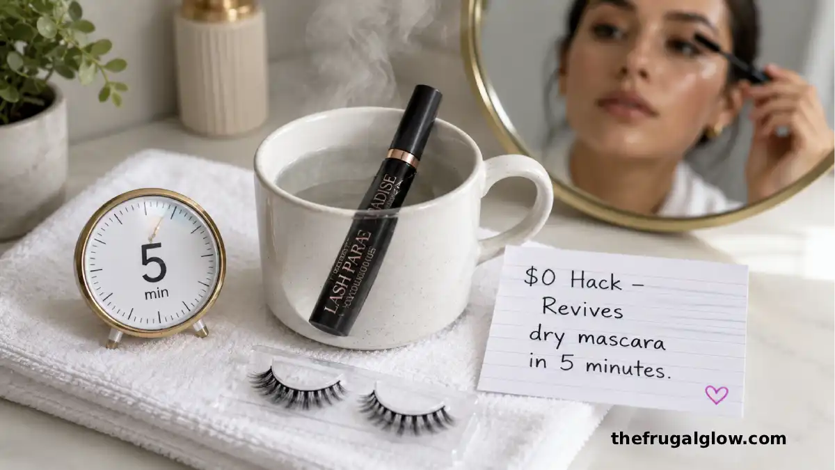 A mascara tube in a mug of hot water, steam rising. Next to the mug, the same mascara applied to lashes – smooth, black, and clump-free. A small clock shows 5 minutes.