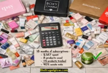 A pile of beauty box samples spread on a bathroom floor: tiny bottles, foil packets, mini tubes, and cardboard boxes. A calculator shows $387 crossed out. A small sign says "90% waste rate."