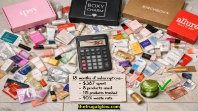 A pile of beauty box samples spread on a bathroom floor: tiny bottles, foil packets, mini tubes, and cardboard boxes. A calculator shows $387 crossed out. A small sign says "90% waste rate."