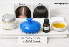 A small round silicone scalp massager with spikes in blue, a jar of coconut oil, a small bottle of rosemary essential oil, and before/after photos showing fuller, longer hair.