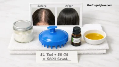 A small round silicone scalp massager with spikes in blue, a jar of coconut oil, a small bottle of rosemary essential oil, and before/after photos showing fuller, longer hair.