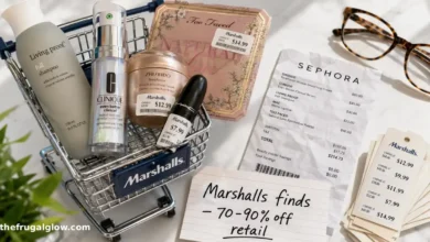 A Marshalls shopping cart with luxury beauty products: Shiseido moisturizer, Clinique serum, Living Proof shampoo, and MAC lipstick. Price tags show $10-15. A Sephora receipt next to it shows $60+.