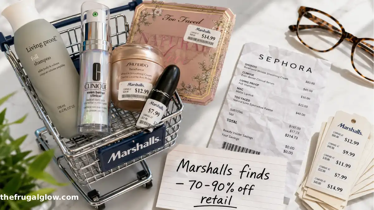 A Marshalls shopping cart with luxury beauty products: Shiseido moisturizer, Clinique serum, Living Proof shampoo, and MAC lipstick. Price tags show $10-15. A Sephora receipt next to it shows $60+.