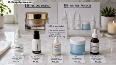 Five affordable skincare products from Ulta arranged on a white surface: The Ordinary Hyaluronic Acid, The Inkey List Niacinamide, Good Molecules Discoloration Serum, e.l.f. Holy Hydration moisturizer, and The Ordinary Caffeine Solution. A sign says "$10 each."