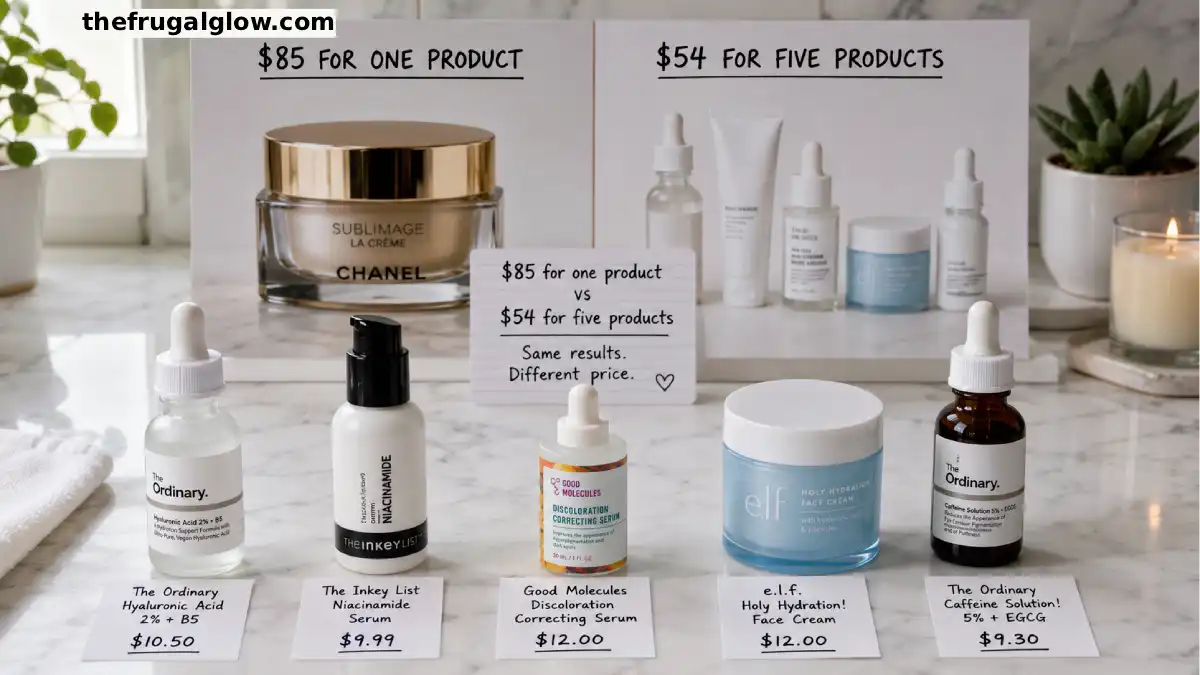 Five affordable skincare products from Ulta arranged on a white surface: The Ordinary Hyaluronic Acid, The Inkey List Niacinamide, Good Molecules Discoloration Serum, e.l.f. Holy Hydration moisturizer, and The Ordinary Caffeine Solution. A sign says "$10 each."