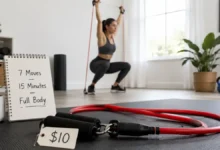 A red resistance tube band with padded handles on a gym floor. In the background, a person is doing a squat to overhead press. A small sign says "$10 – Full-Body Burn in 15 Minutes."
