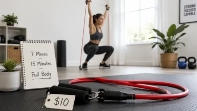 A red resistance tube band with padded handles on a gym floor. In the background, a person is doing a squat to overhead press. A small sign says "$10 – Full-Body Burn in 15 Minutes."