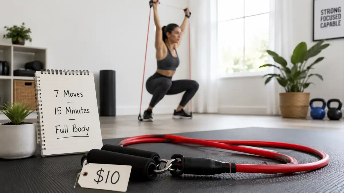 A red resistance tube band with padded handles on a gym floor. In the background, a person is doing a squat to overhead press. A small sign says "$10 – Full-Body Burn in 15 Minutes."