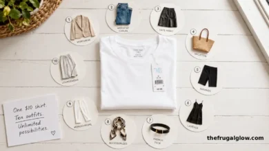 A white t-shirt from Walmart laid flat. Around it, 10 small icons representing different styling options: a blazer, jeans, a leather skirt, a beach bag, biker shorts, a slip dress, a belt, a scarf, white pants, and sweatpants.