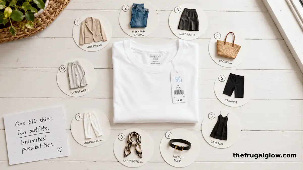 A white t-shirt from Walmart laid flat. Around it, 10 small icons representing different styling options: a blazer, jeans, a leather skirt, a beach bag, biker shorts, a slip dress, a belt, a scarf, white pants, and sweatpants.