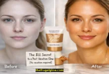 A split image showing pale, dull skin on the left and warm, glowy skin on the right. A bottle of Physicians Formula Butter Glow Liquid Bronzer ($11) sits between them. A small sign says "Before: winter ghost. After: post-vacation glow."