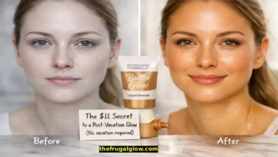 A split image showing pale, dull skin on the left and warm, glowy skin on the right. A bottle of Physicians Formula Butter Glow Liquid Bronzer ($11) sits between them. A small sign says "Before: winter ghost. After: post-vacation glow."