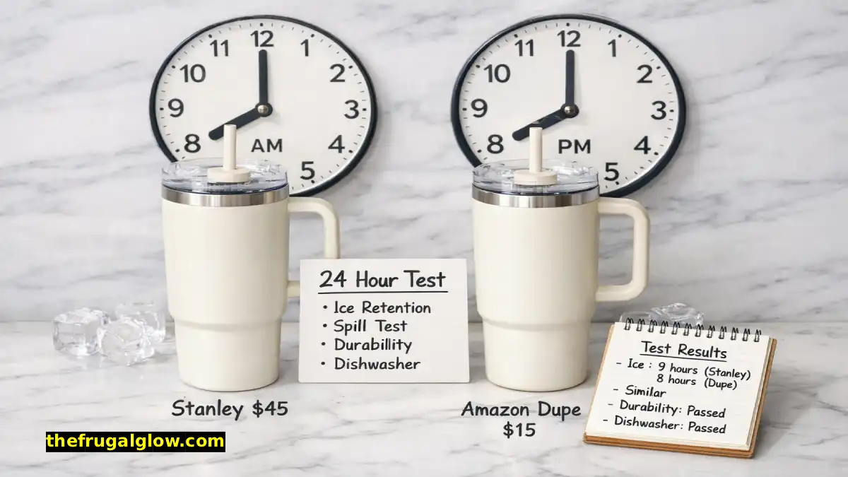 A side-by-side comparison of a $45 Stanley Quencher and a $15 Amazon dupe. Both are 40-ounce tumblers in similar colors. A temperature gauge shows both are cold. A sign says "24 hour test – results inside."