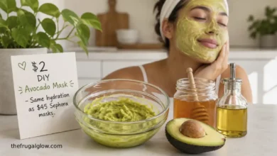 A bowl of mashed avocado, honey, and olive oil next to a fresh avocado and a jar of honey. A woman's face is visible with the green mask applied. A small sign says "$2 vs $45 – Same hydration."