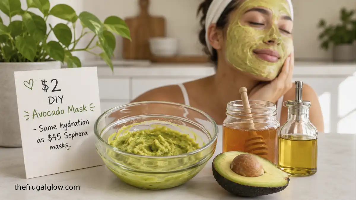 A bowl of mashed avocado, honey, and olive oil next to a fresh avocado and a jar of honey. A woman's face is visible with the green mask applied. A small sign says "$2 vs $45 – Same hydration."